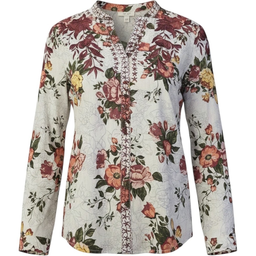 Magazine Floral Embroidered Tunic Top Womens Large Split Neckβ Boho Botanical